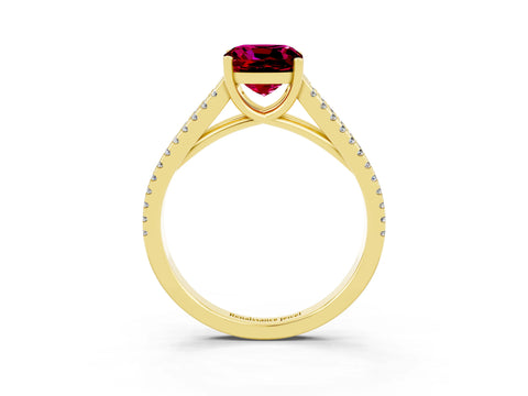 Yellow gold Cushion Cut Garnet Solitaire Engagement Ring with Split Shank Pavé Band_3