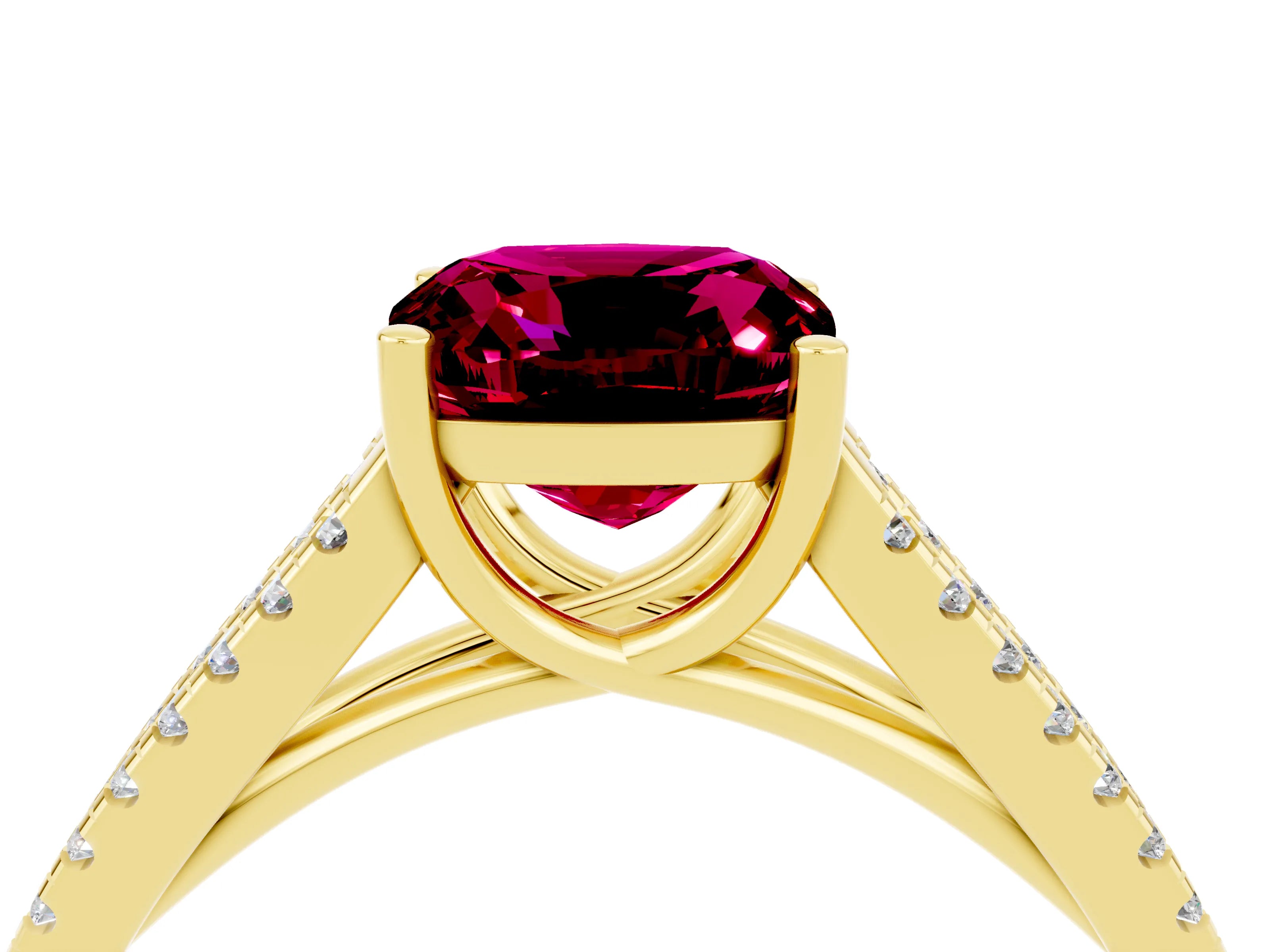 Yellow gold Cushion Cut Garnet Solitaire Engagement Ring with Split Shank Pavé Band_4