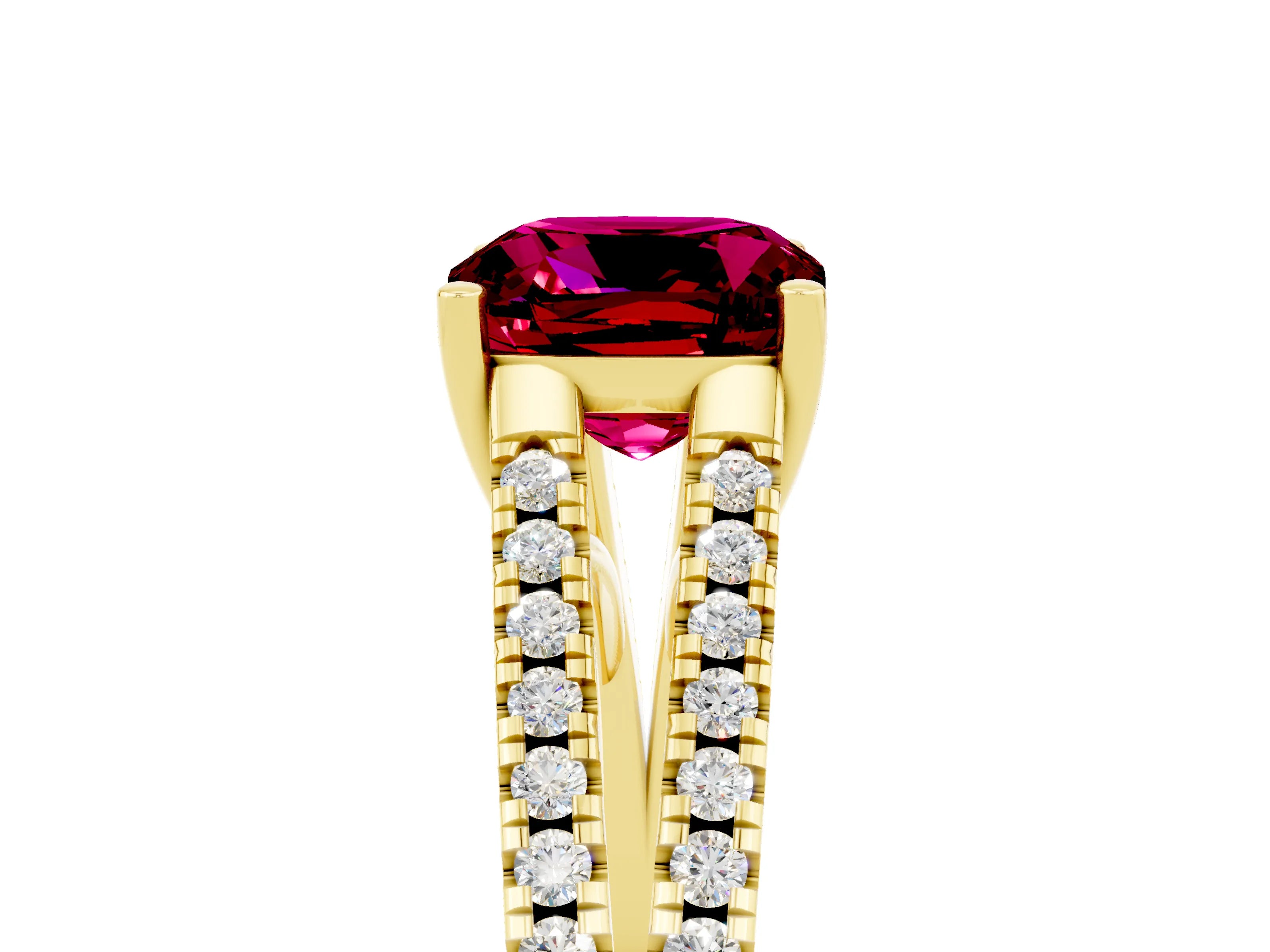 Yellow gold Cushion Cut Garnet Solitaire Engagement Ring with Split Shank Pavé Band_5