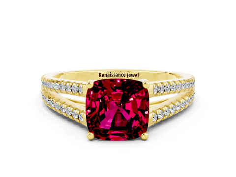 Yellow gold Cushion Cut Garnet Solitaire Engagement Ring with Split Shank Pavé Band