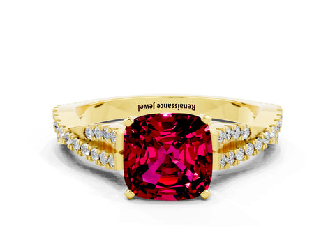 Yellow gold Cushion Cut Garnet Solitaire Engagement Ring with Twisted Pavé Band and Four-Prong Setting_12