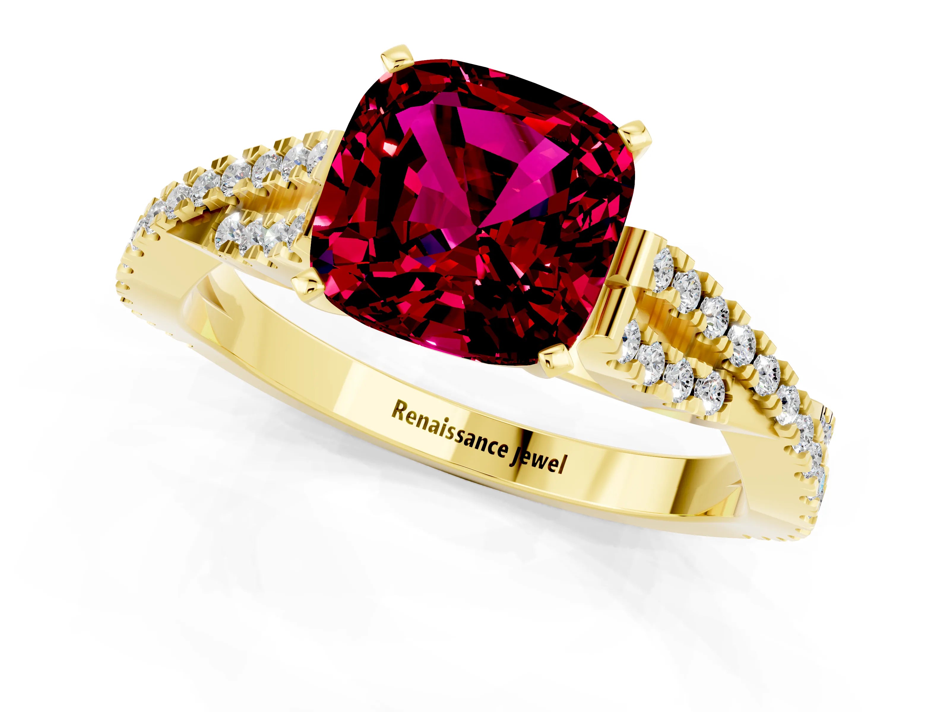 Yellow gold Cushion Cut Garnet Solitaire Engagement Ring with Twisted Pavé Band and Four-Prong Setting_13