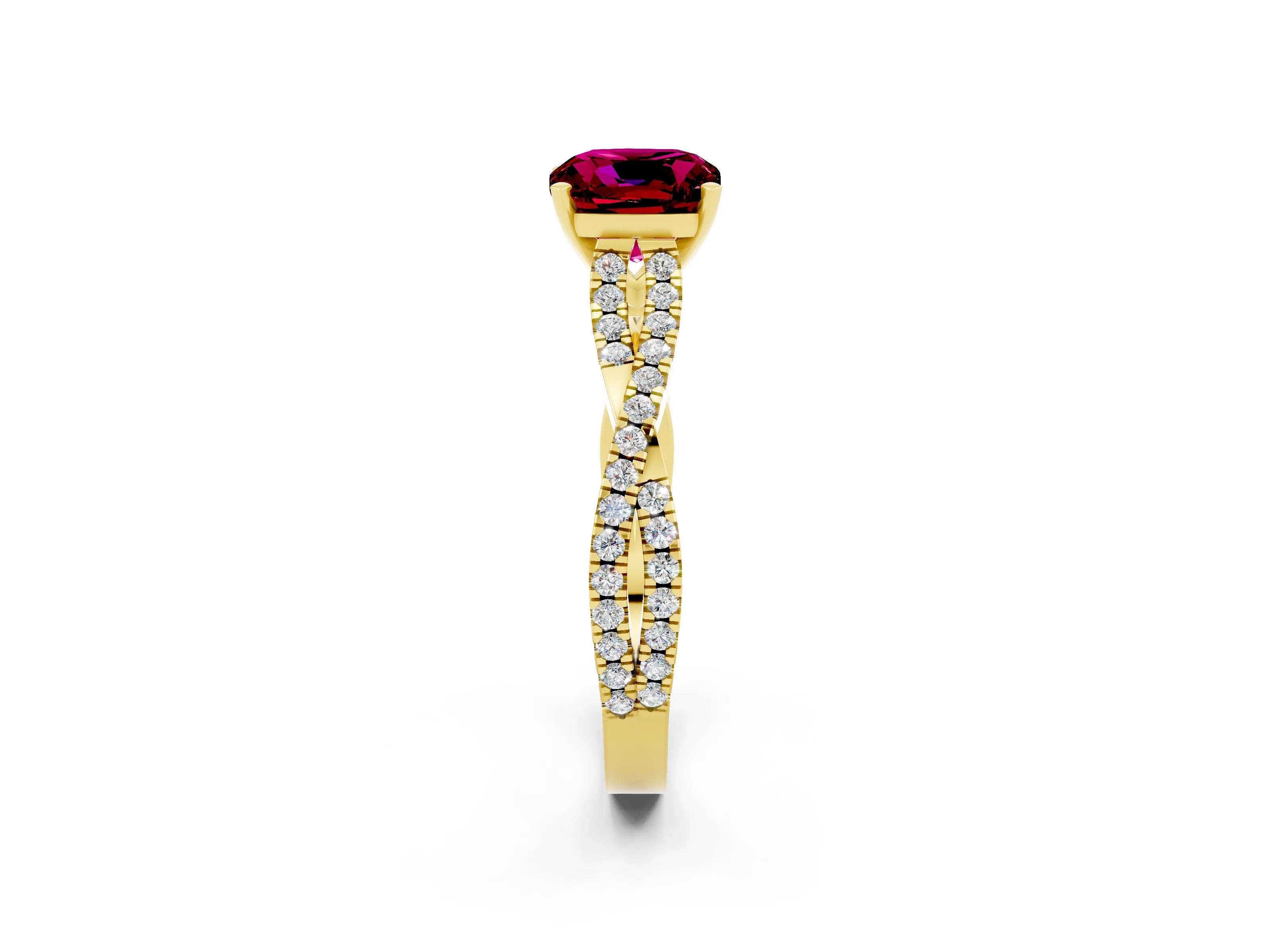 Yellow gold Cushion Cut Garnet Solitaire Engagement Ring with Twisted Pavé Band and Four-Prong Setting_14