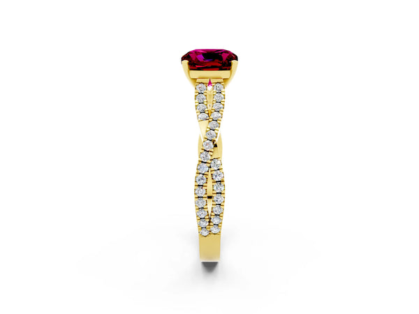 Yellow gold Cushion Cut Garnet Solitaire Engagement Ring with Twisted Pavé Band and Four-Prong Setting