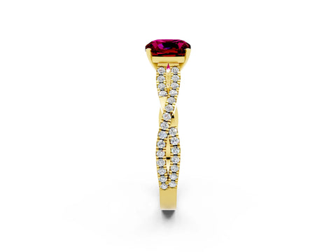 Yellow gold Cushion Cut Garnet Solitaire Engagement Ring with Twisted Pavé Band and Four-Prong Setting_14
