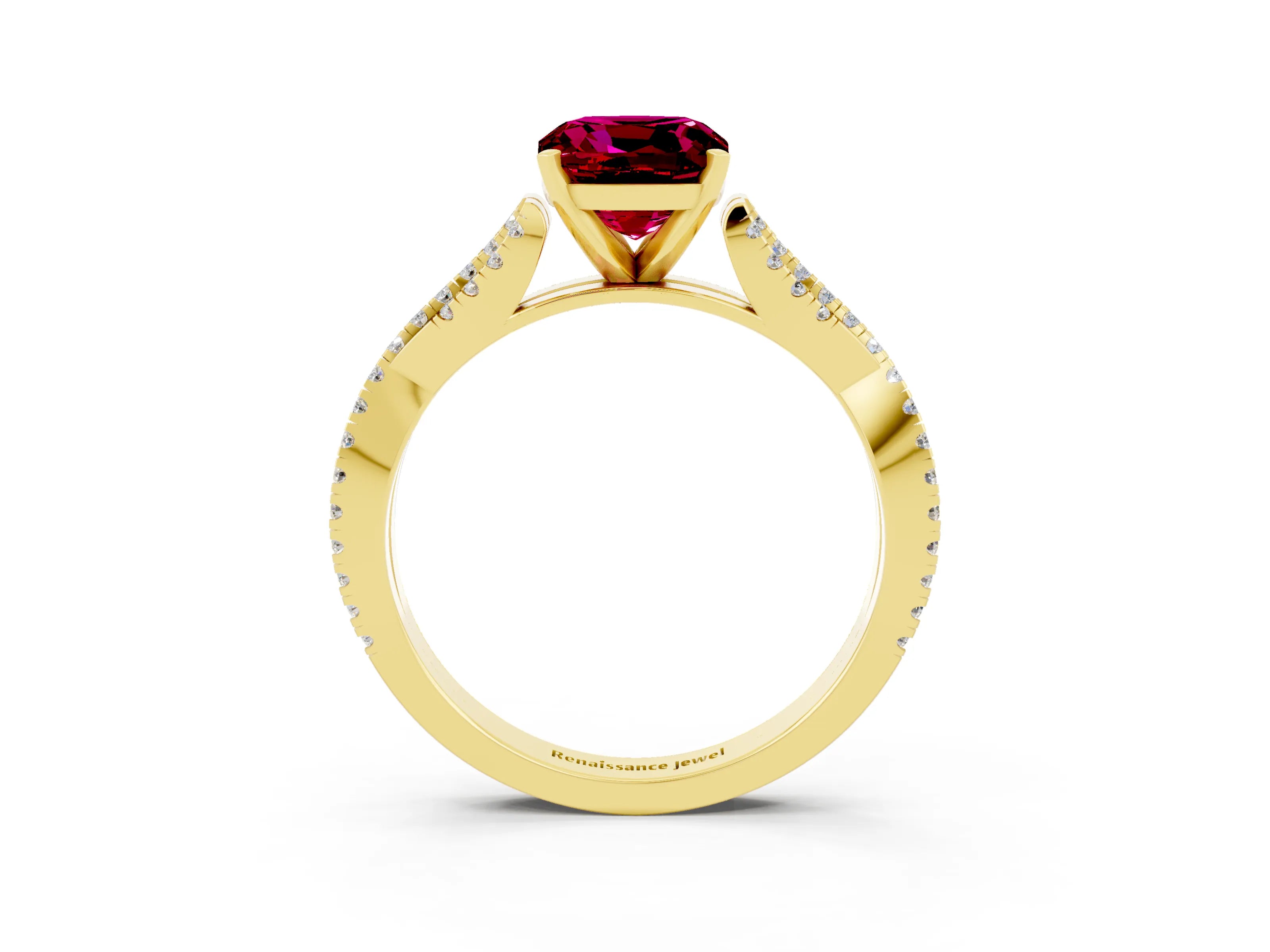 Yellow gold Cushion Cut Garnet Solitaire Engagement Ring with Twisted Pavé Band and Four-Prong Setting_15