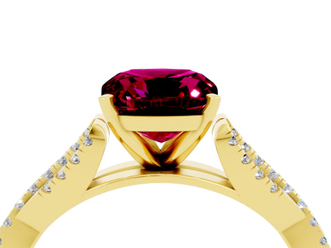 Yellow gold Cushion Cut Garnet Solitaire Engagement Ring with Twisted Pavé Band and Four-Prong Setting_16