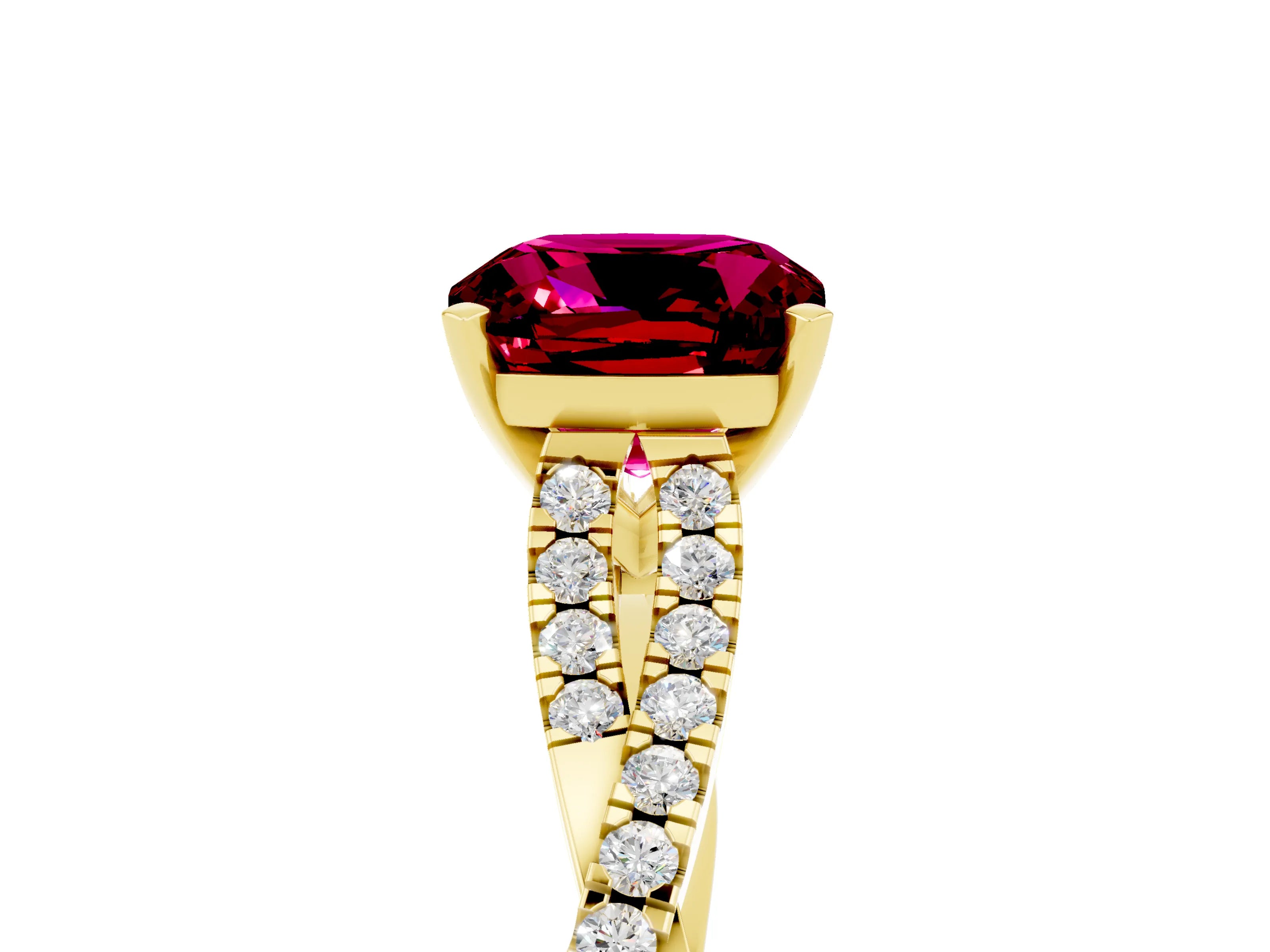 Yellow gold Cushion Cut Garnet Solitaire Engagement Ring with Twisted Pavé Band and Four-Prong Setting_17