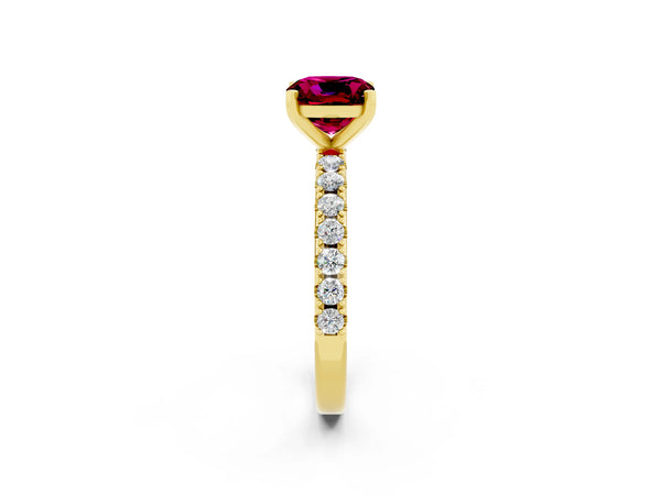 Yellow gold Cushion Cut Garnet Solitaire Pavé Band with Four-Prong Setting
