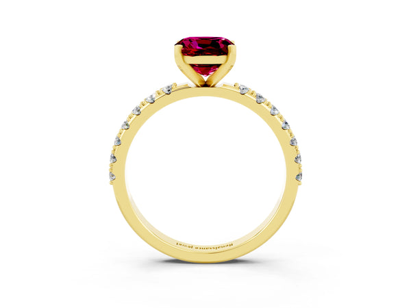 Yellow gold Cushion Cut Garnet Solitaire Pavé Band with Four-Prong Setting