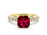 Yellow gold Cushion Cut Garnet Solitaire Pavé Engagement Ring with Round Band and Prong Setting_12