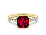 Yellow gold Cushion Cut Garnet Solitaire Pavé Engagement Ring with Round Band and Prong Setting_78