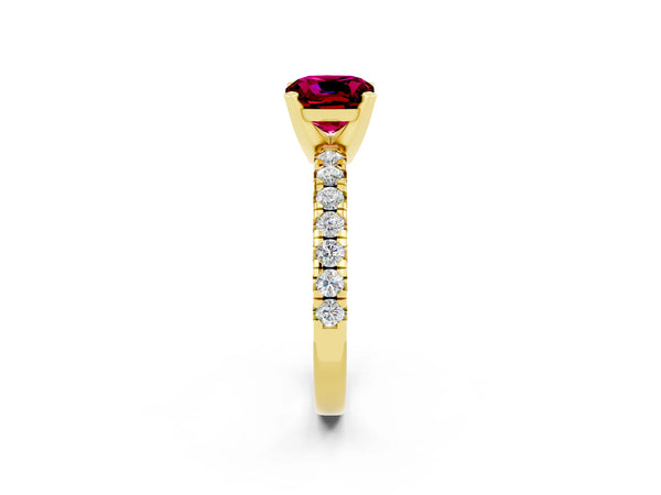 Yellow gold Cushion Cut Garnet Solitaire Pavé Engagement Ring with Round Band and Prong Setting