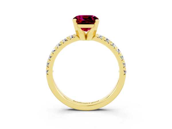 Yellow gold Cushion Cut Garnet Solitaire Pavé Engagement Ring with Round Band and Prong Setting