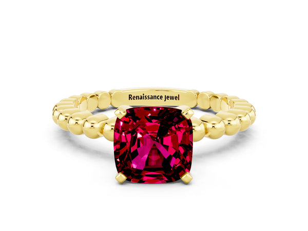 Yellow gold Cushion Cut Garnet Solitaire Ring with Beaded Band and Prong Setting