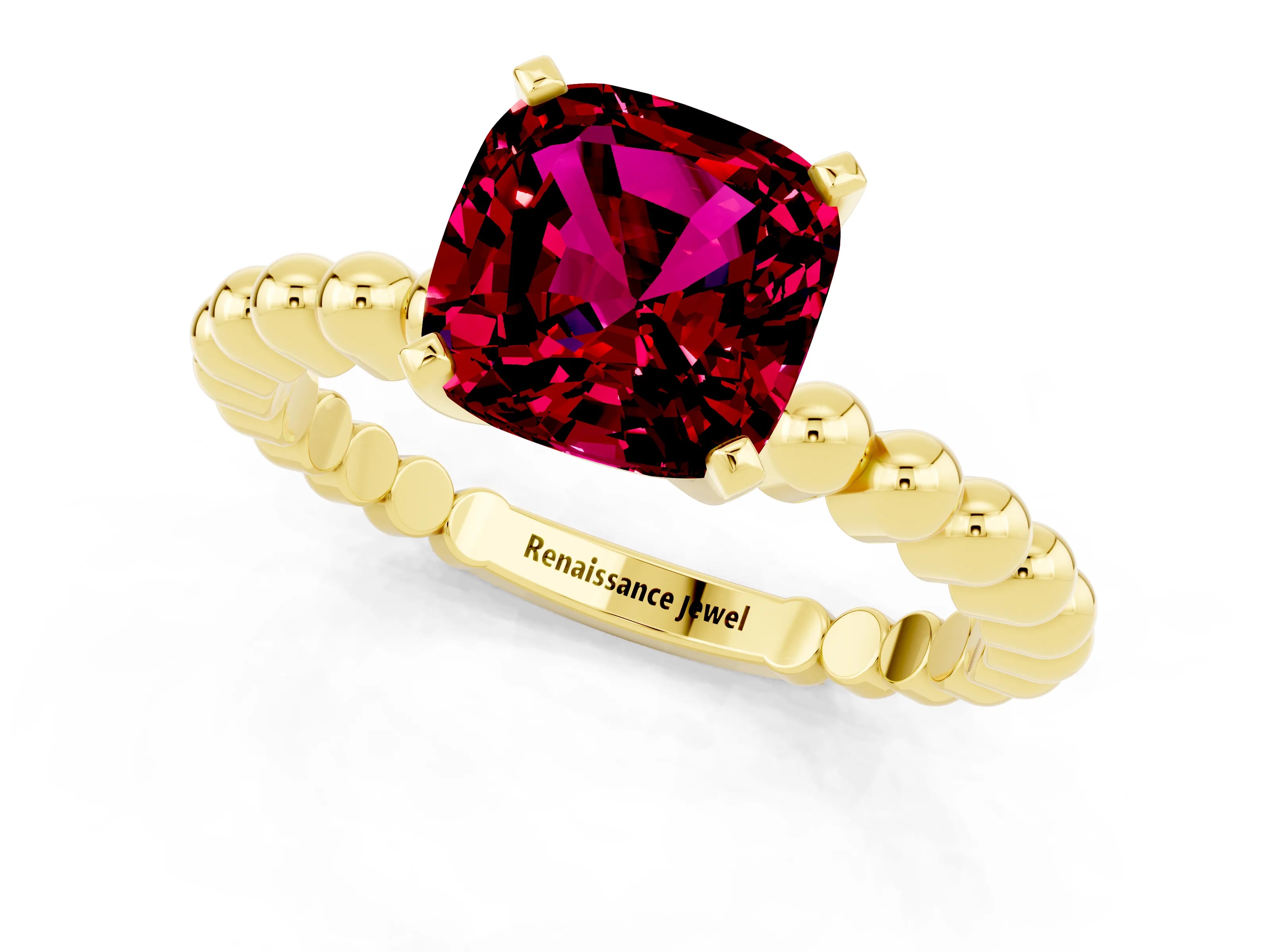 Yellow gold Cushion Cut Garnet Solitaire Ring with Beaded Band and Prong Setting_1