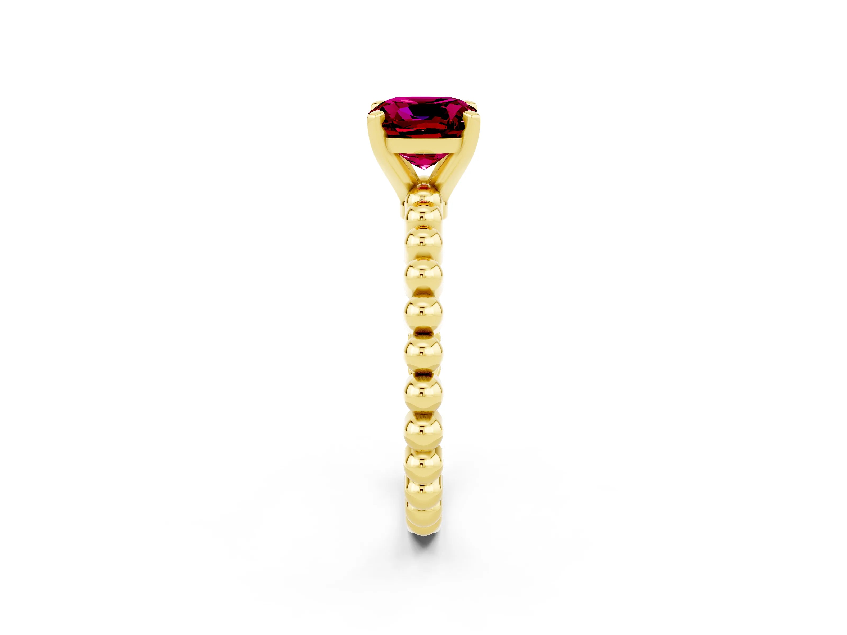 Yellow gold Cushion Cut Garnet Solitaire Ring with Beaded Band and Prong Setting_2