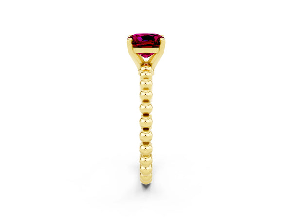 Yellow gold Cushion Cut Garnet Solitaire Ring with Beaded Band and Prong Setting