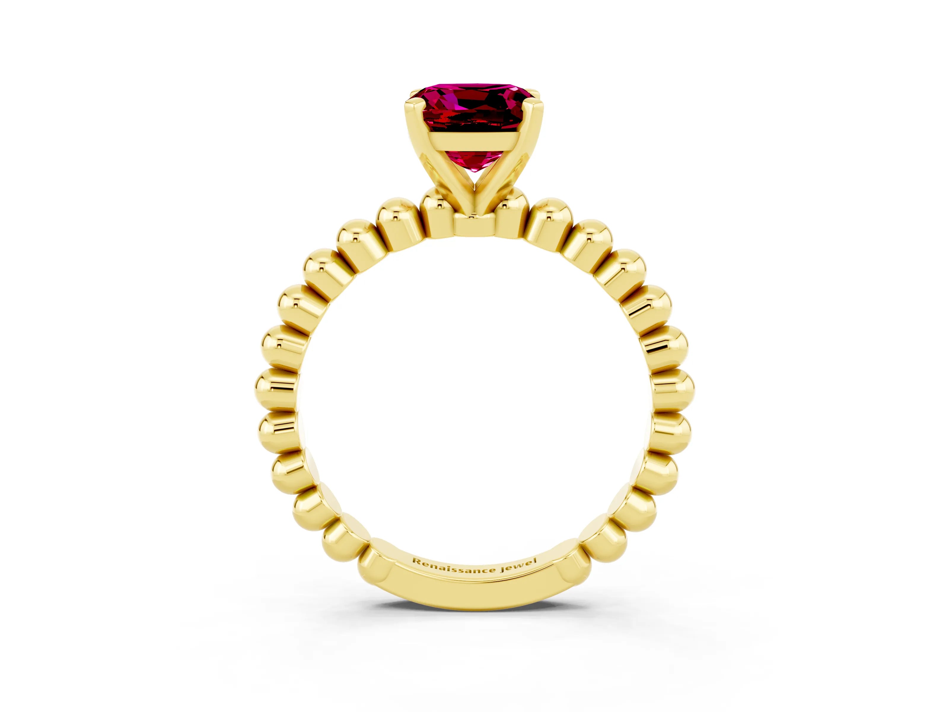 Yellow gold Cushion Cut Garnet Solitaire Ring with Beaded Band and Prong Setting_3