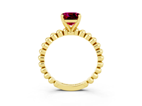 Yellow gold Cushion Cut Garnet Solitaire Ring with Beaded Band and Prong Setting