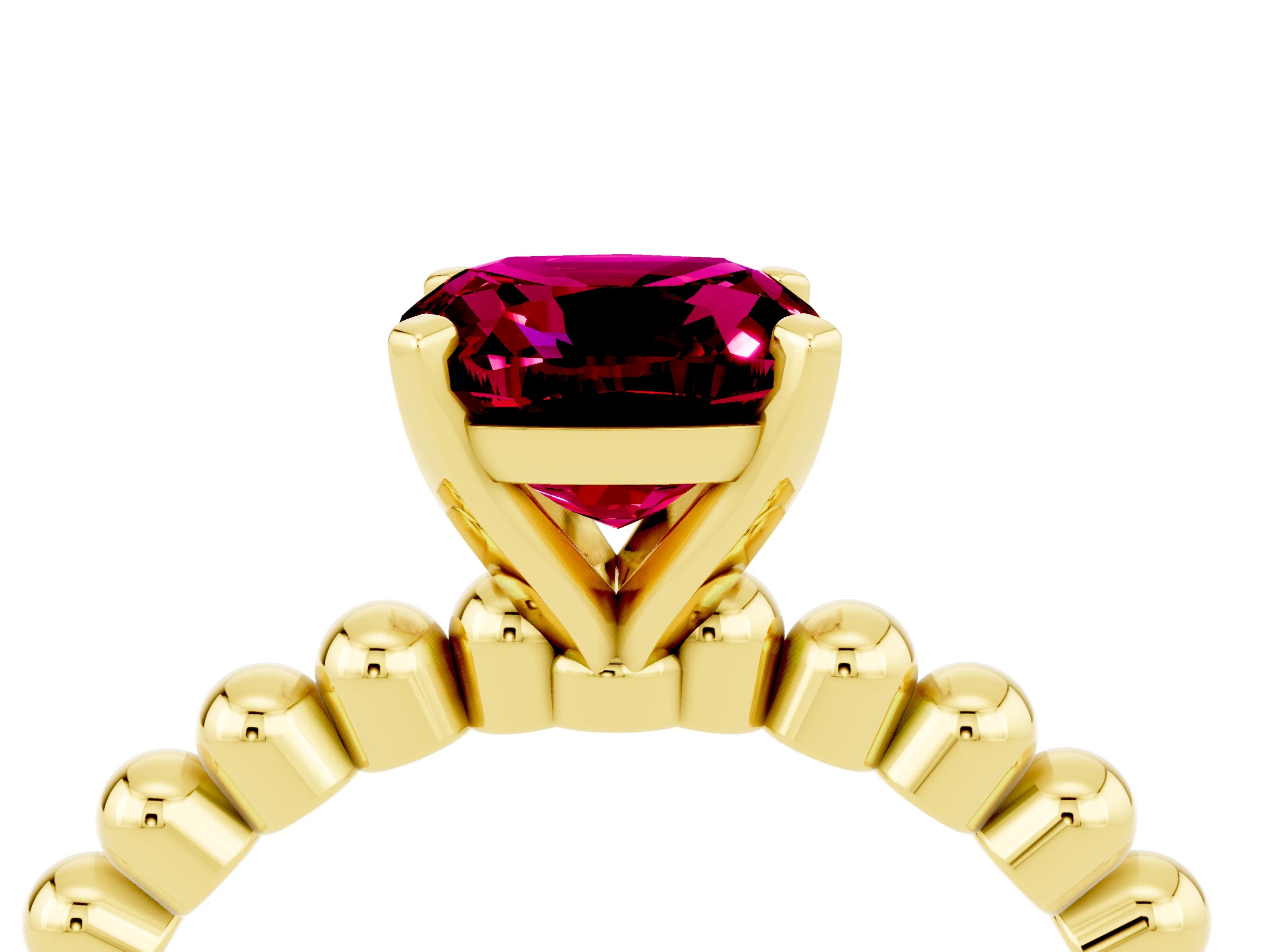 Yellow gold Cushion Cut Garnet Solitaire Ring with Beaded Band and Prong Setting_4
