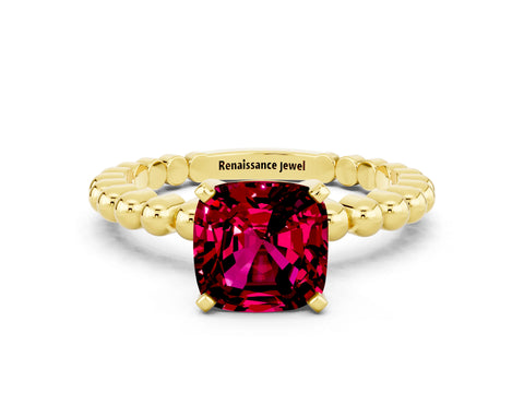 Yellow gold Cushion Cut Garnet Solitaire Ring with Beaded Band and Prong Setting