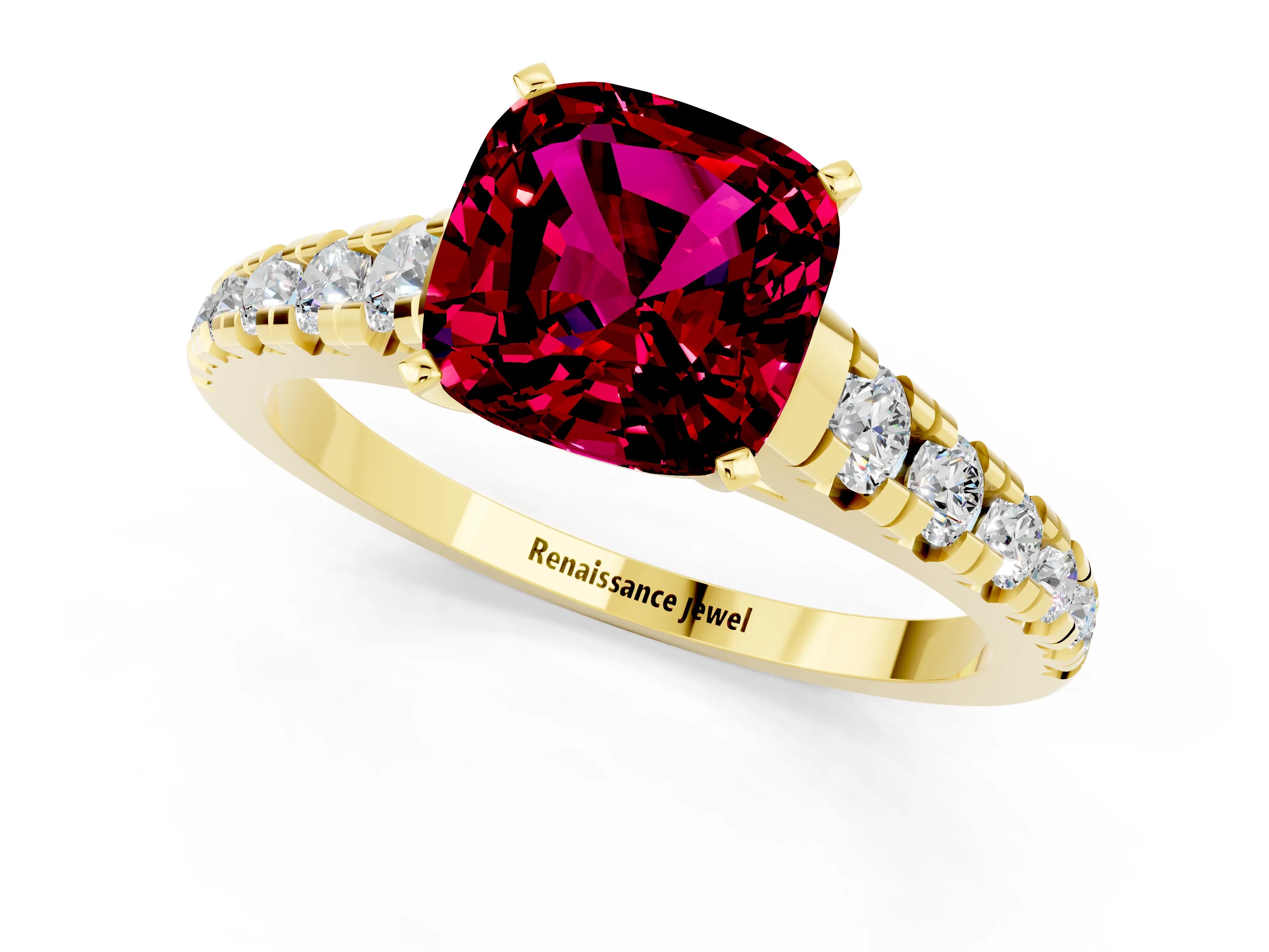 Yellow gold Cushion Cut Garnet Solitaire Ring with Cathedral Setting and Pavé Band_1