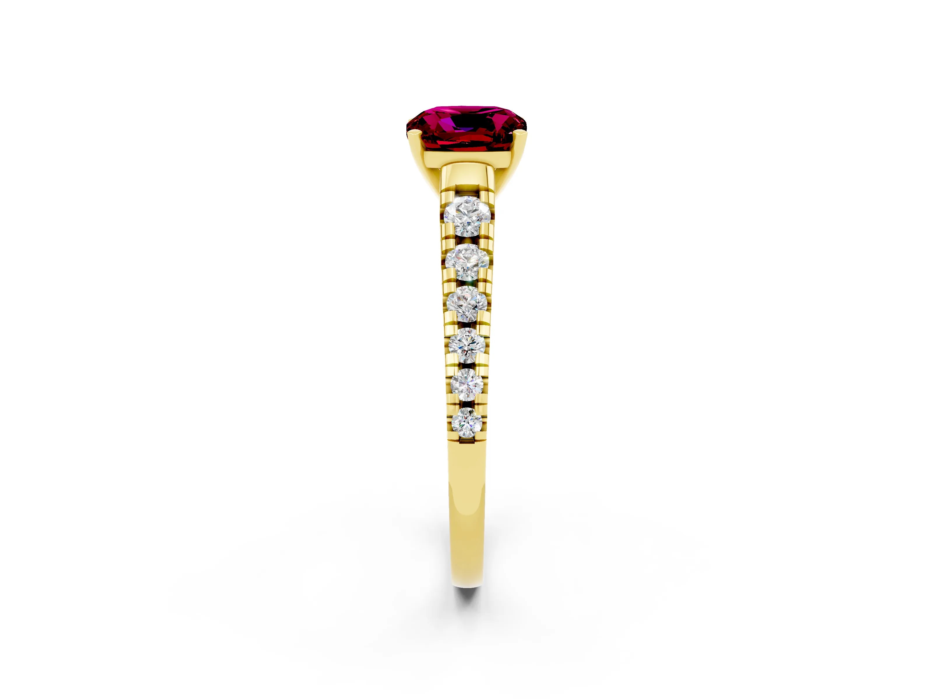 Yellow gold Cushion Cut Garnet Solitaire Ring with Cathedral Setting and Pavé Band_2