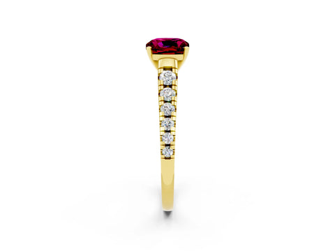 Yellow gold Cushion Cut Garnet Solitaire Ring with Cathedral Setting and Pavé Band_2