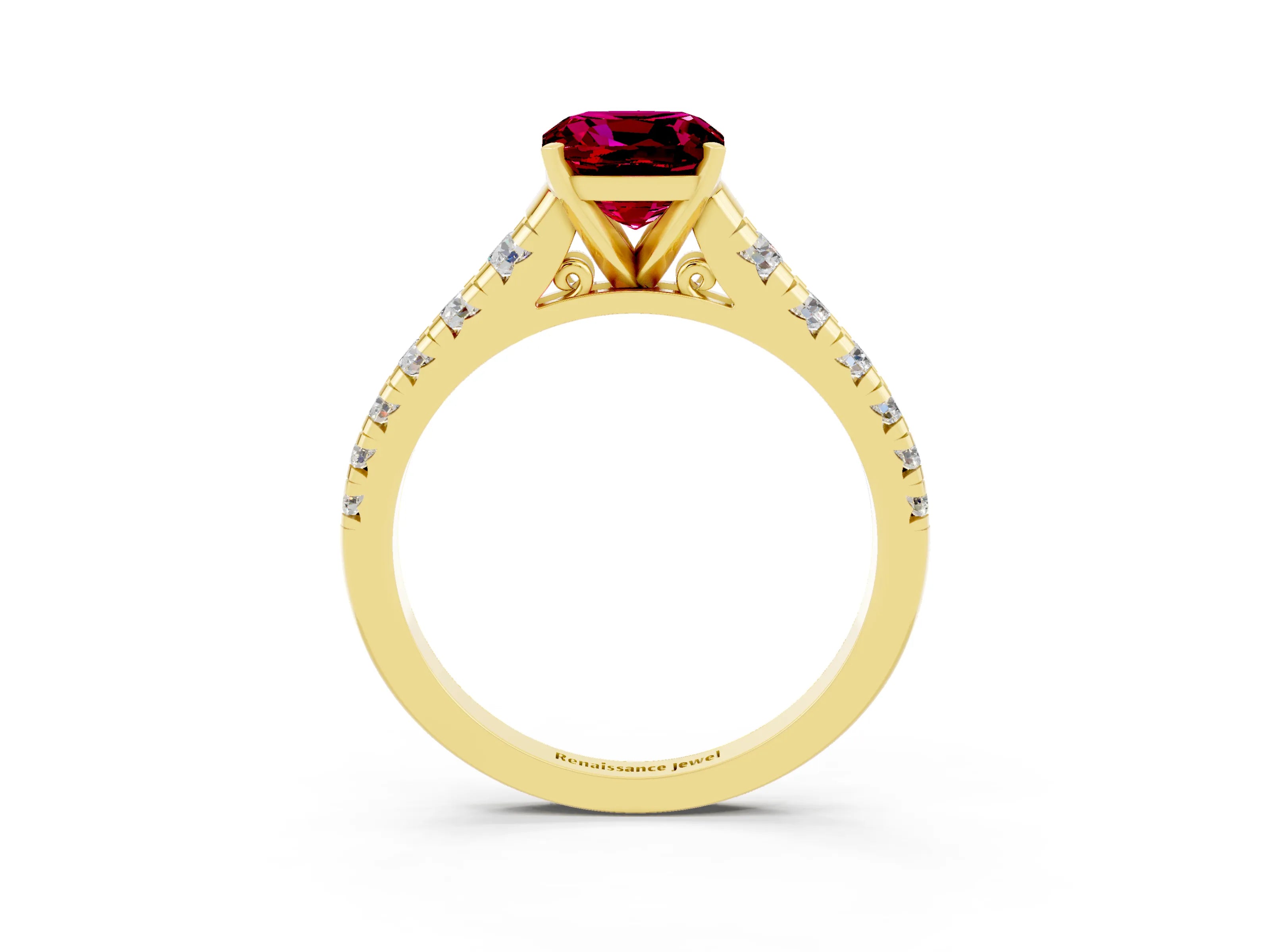 Yellow gold Cushion Cut Garnet Solitaire Ring with Cathedral Setting and Pavé Band_3