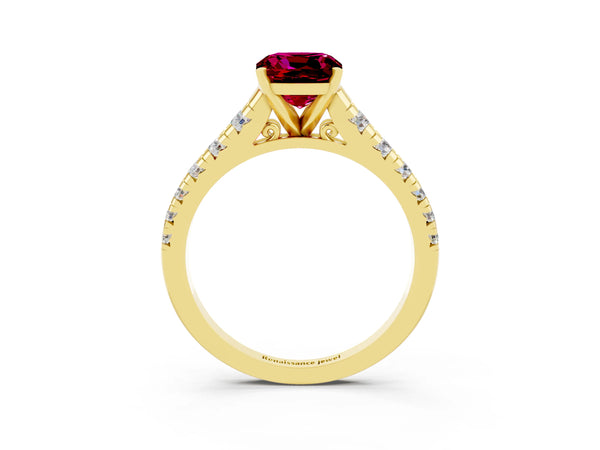 Yellow gold Cushion Cut Garnet Cathedral Solitaire Ring with Round  Pavé Band