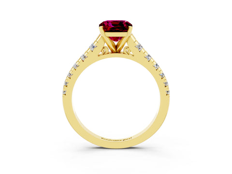 Yellow gold Cushion Cut Garnet Solitaire Ring with Cathedral Setting and Pavé Band_3