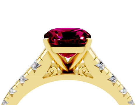 Yellow gold Cushion Cut Garnet Solitaire Ring with Cathedral Setting and Pavé Band_4