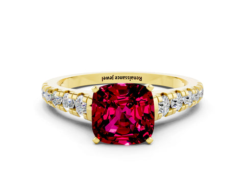 Yellow gold Cushion Cut Garnet Solitaire Ring with Cathedral Setting and Pavé Band