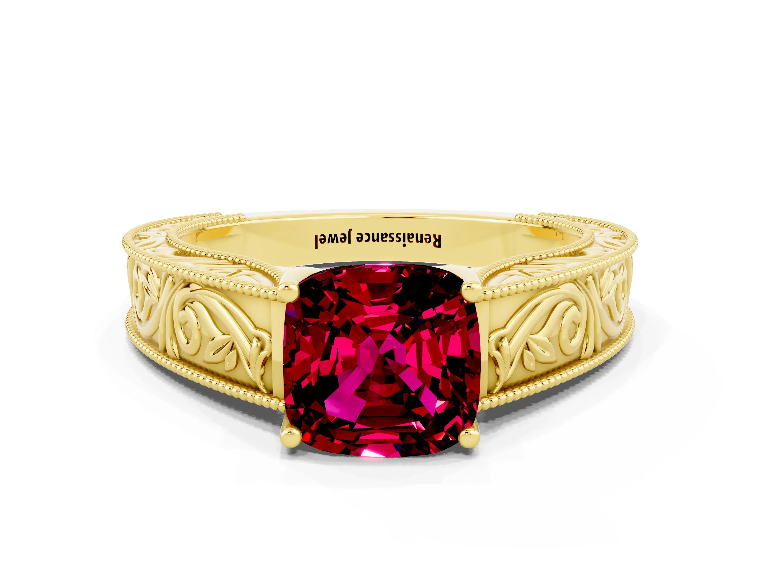 Yellow gold Cushion Cut Garnet Solitaire Ring with Engraved Band and Four-Prong Setting