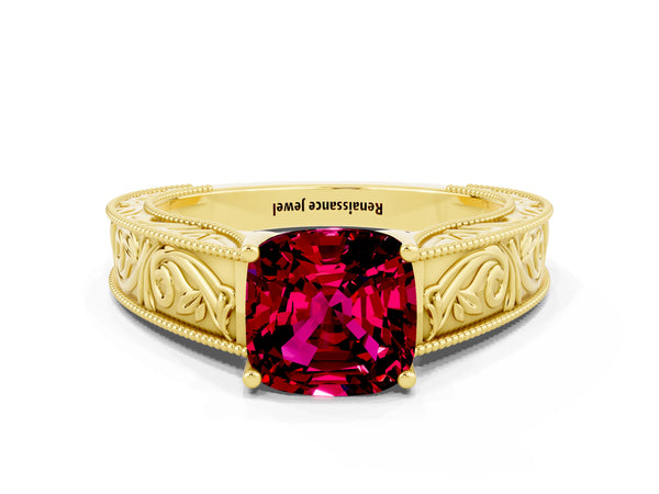 Yellow gold Cushion Cut Garnet Solitaire Ring with Engraved Band and Four-Prong Setting