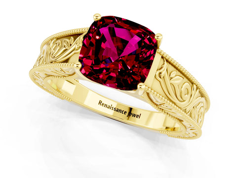 Yellow gold Cushion Cut Garnet Solitaire Ring with Engraved Band and Four-Prong Setting_1