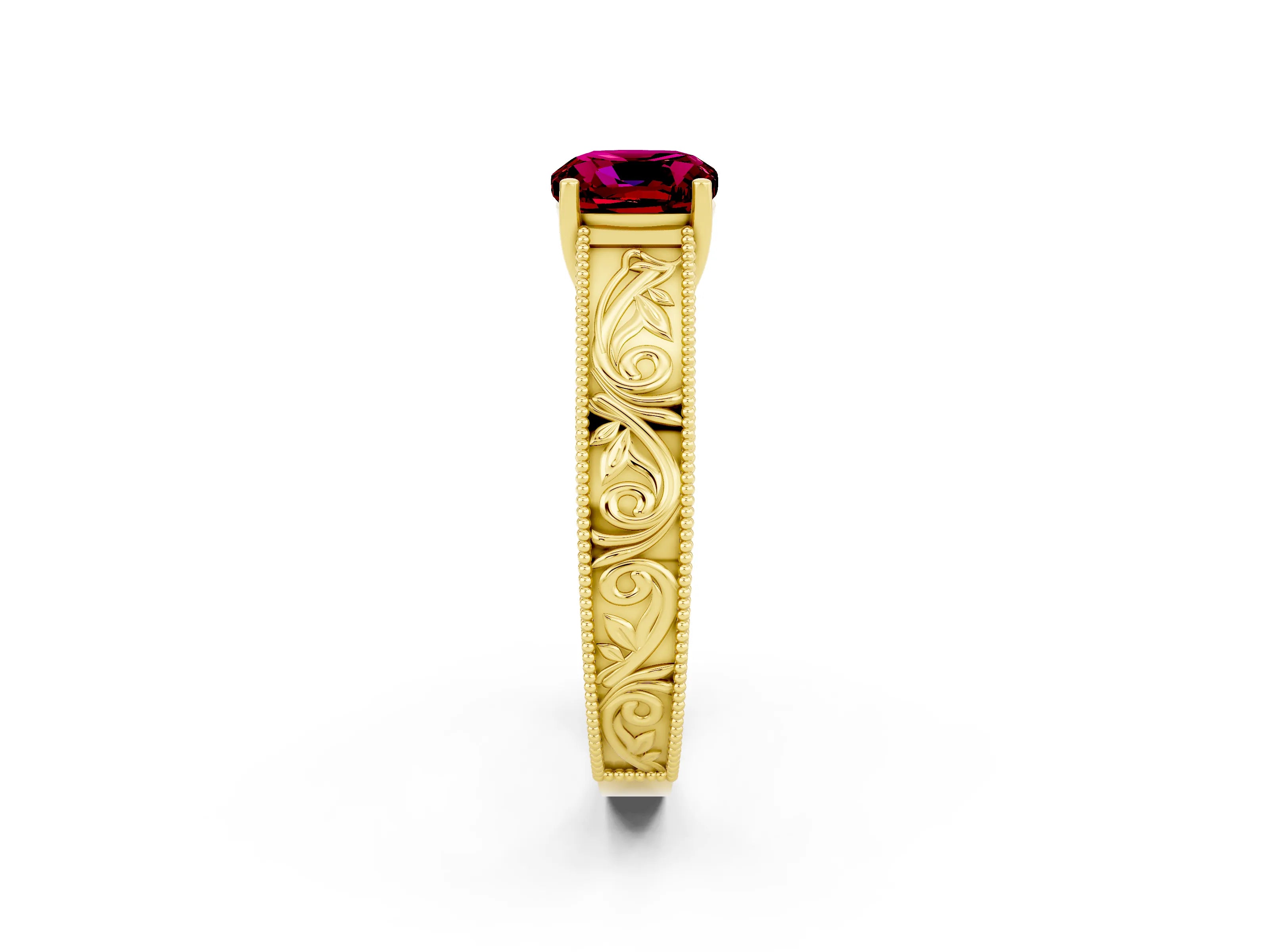 Yellow gold Cushion Cut Garnet Solitaire Ring with Engraved Band and Four-Prong Setting_2