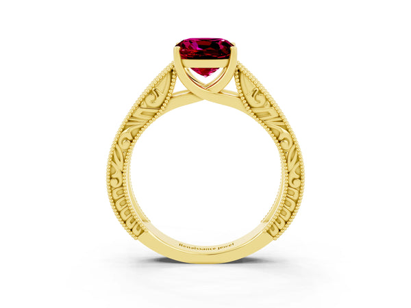 Yellow gold Cushion Cut Garnet Solitaire Ring with Engraved Band and Four-Prong Setting