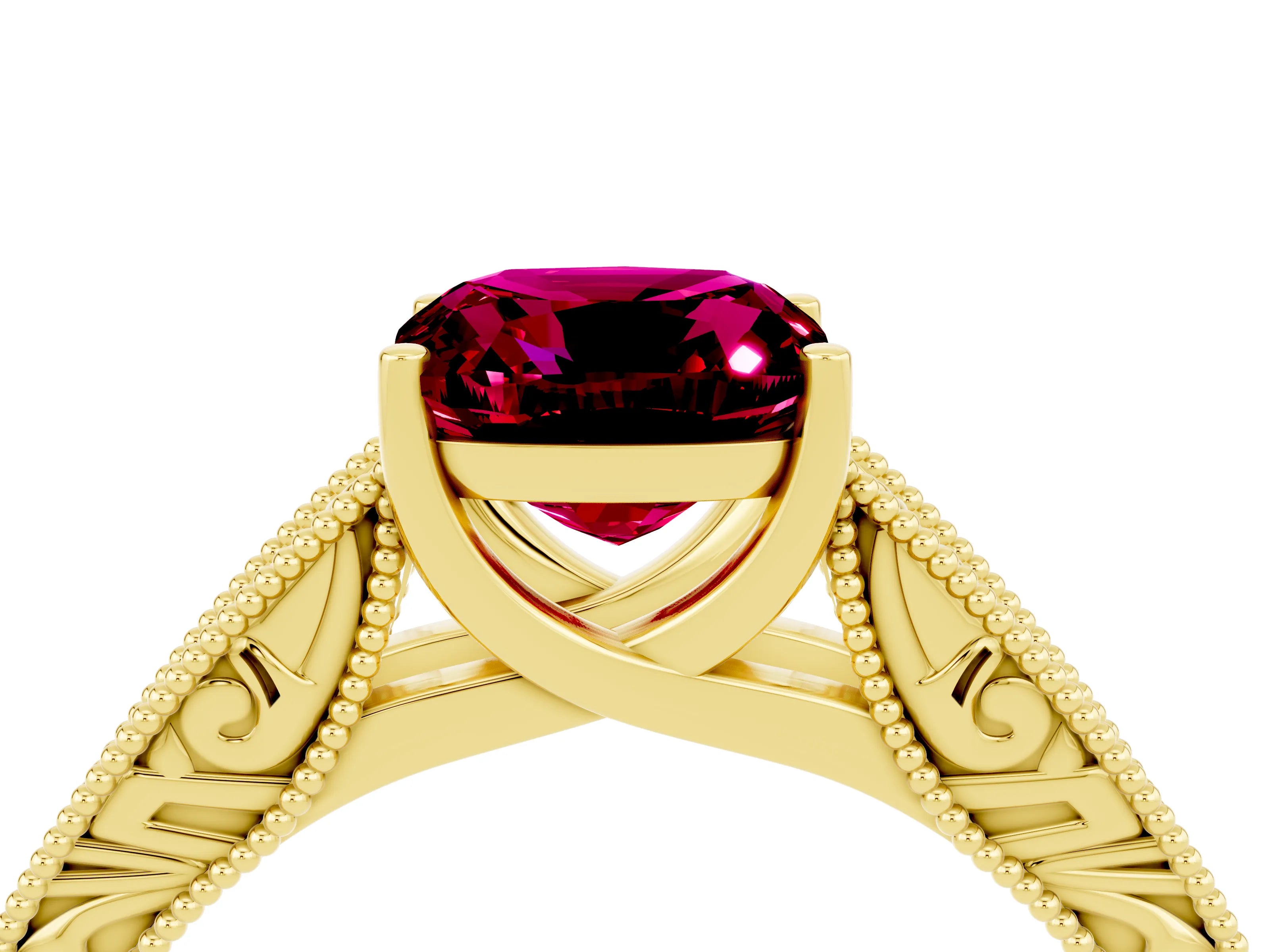 Yellow gold Cushion Cut Garnet Solitaire Ring with Engraved Band and Four-Prong Setting_4