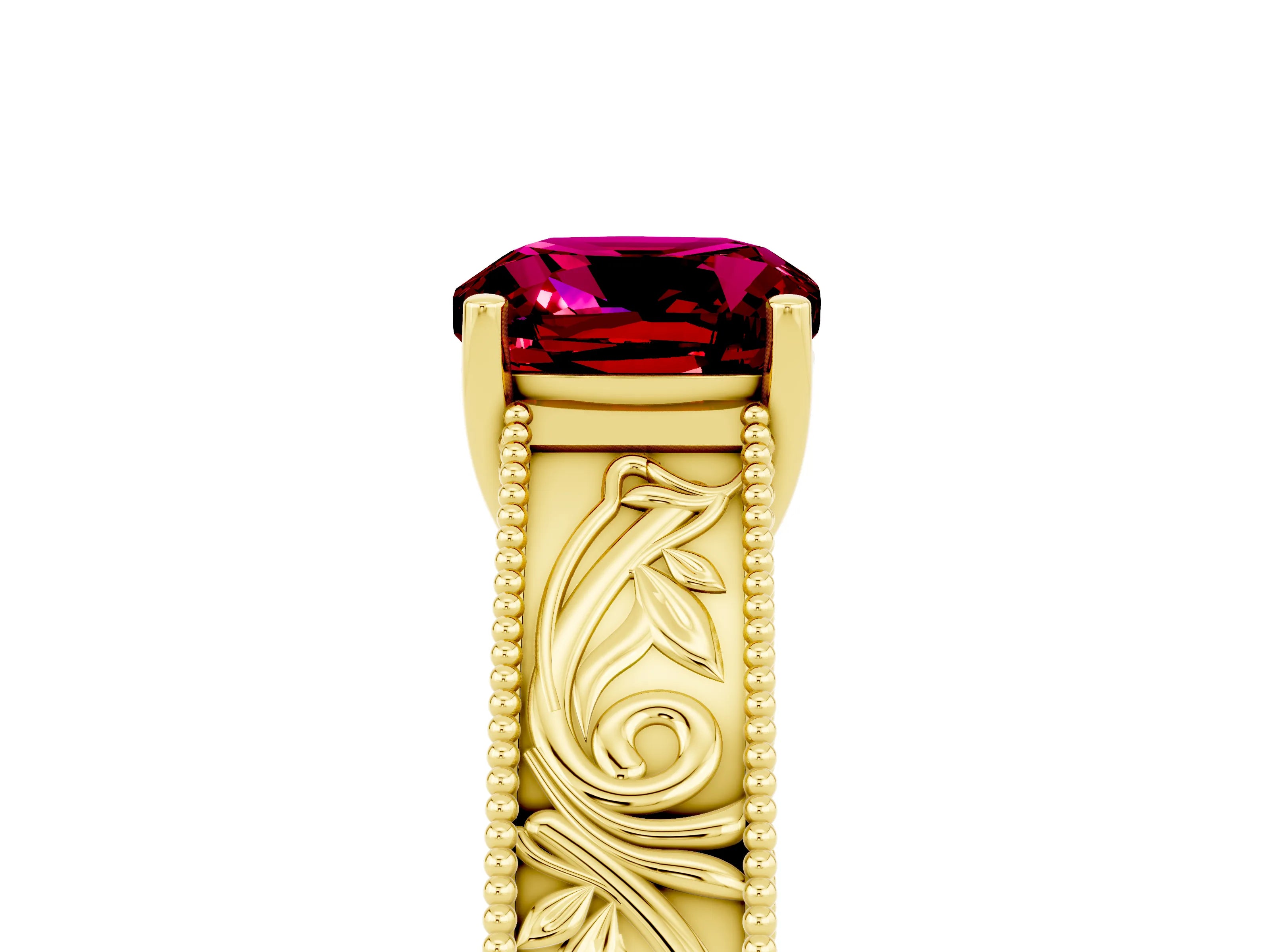 Yellow gold Cushion Cut Garnet Solitaire Ring with Engraved Band and Four-Prong Setting_5