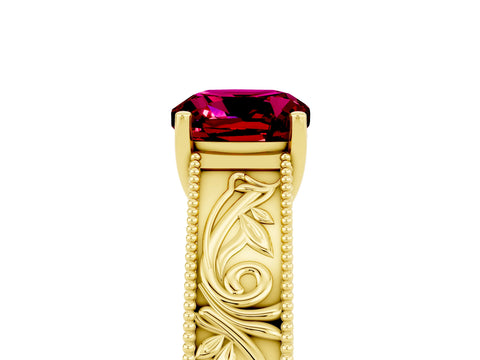 Yellow gold Cushion Cut Garnet Solitaire Ring with Engraved Band and Four-Prong Setting_5