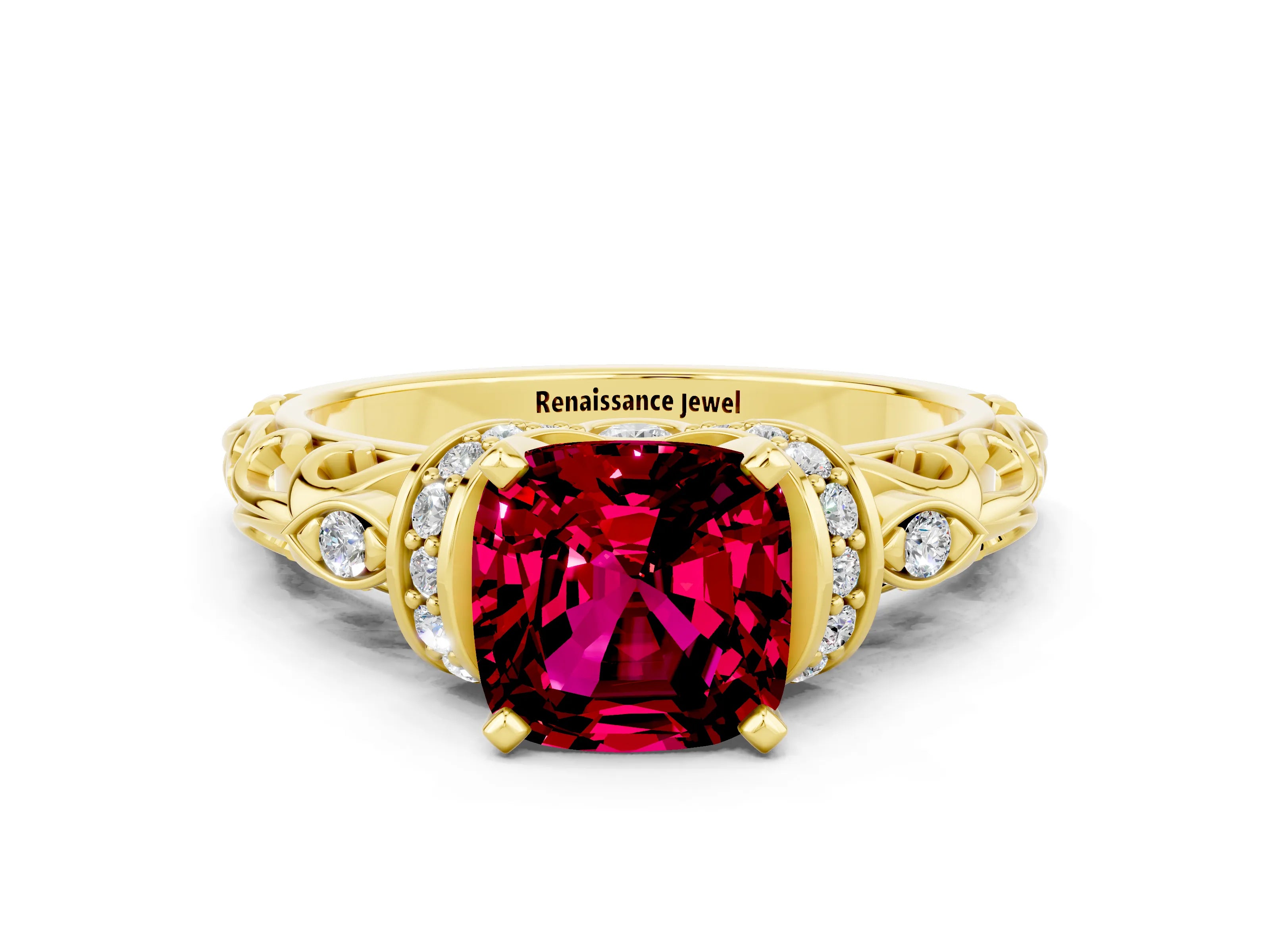 Yellow gold Cushion Cut Garnet Solitaire Ring with Filigree Band and Four-Prong Setting_24