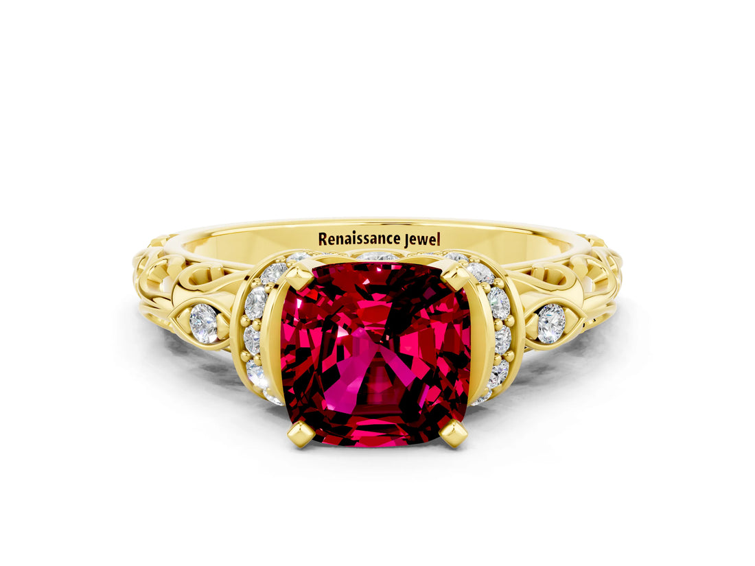 Yellow gold Cushion Cut Garnet Solitaire Ring with Filigree Band and Four-Prong Setting_24