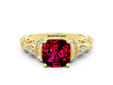 Yellow gold Cushion Cut Garnet Solitaire Ring with Filigree Band and Four-Prong Setting_24