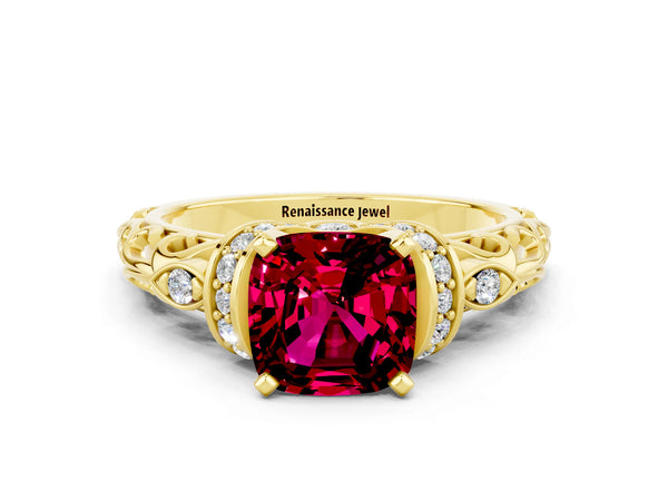 Yellow gold Cushion Cut Garnet Solitaire Ring with Filigree Band and Four-Prong Setting