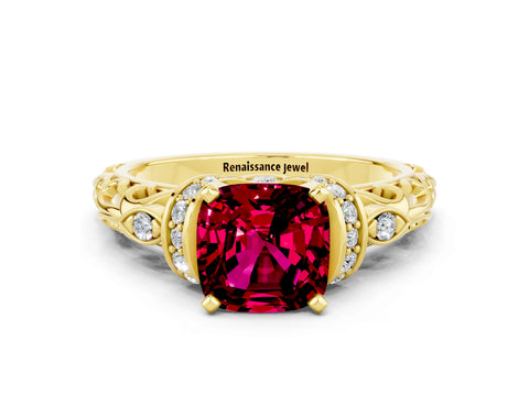 Yellow gold Cushion Cut Garnet Solitaire Ring with Filigree Band and Four-Prong Setting_24