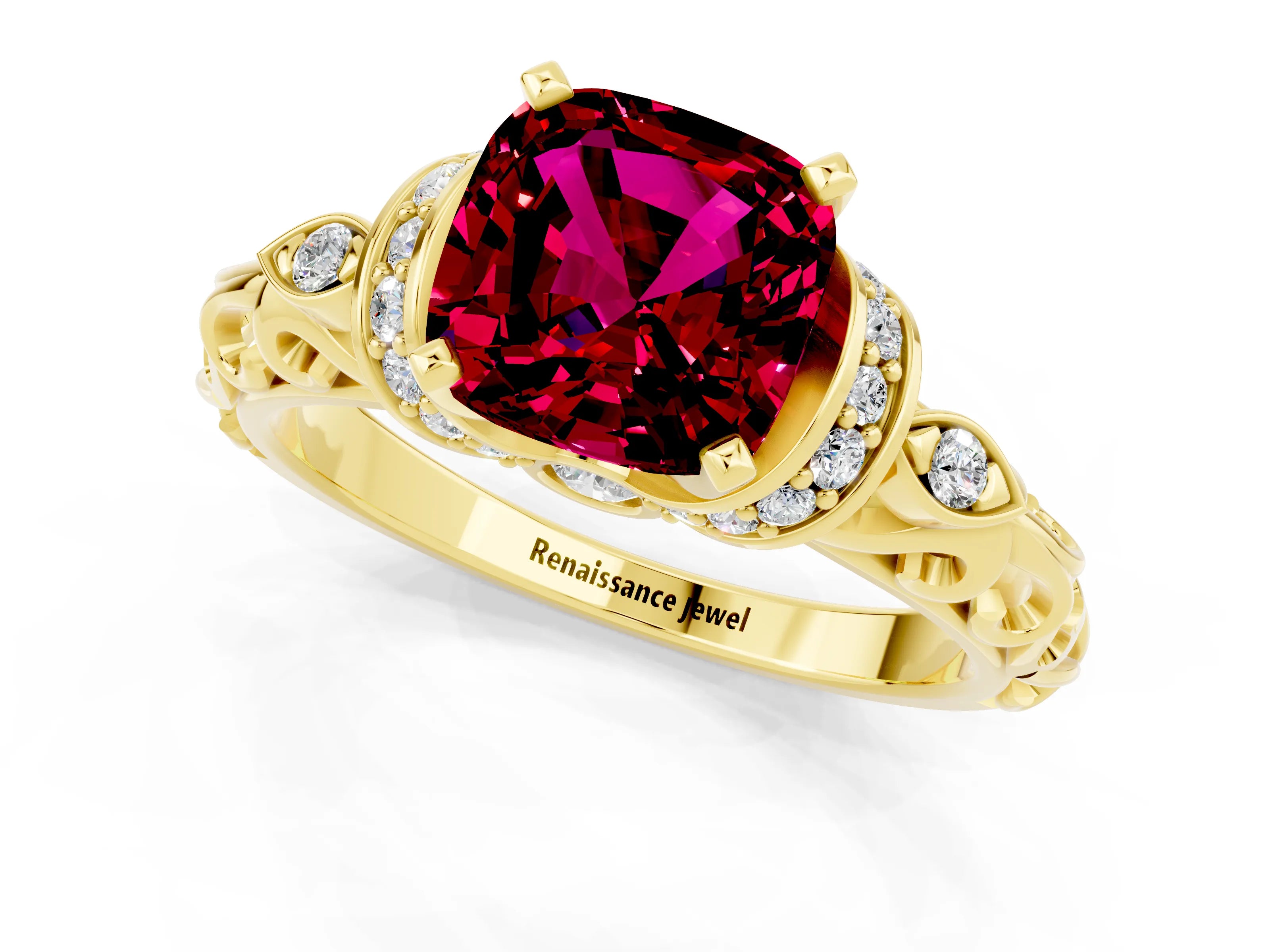 Yellow gold Cushion Cut Garnet Solitaire Ring with Filigree Band and Four-Prong Setting_25
