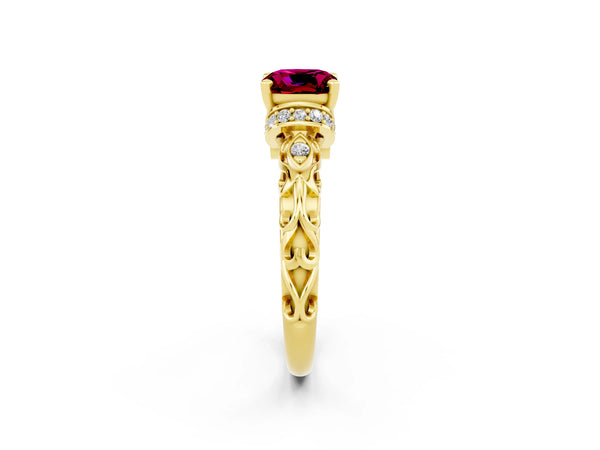Yellow gold Cushion Cut Garnet Solitaire Ring with Filigree Band and Four-Prong Setting