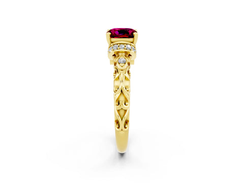 Yellow gold Cushion Cut Garnet Solitaire Ring with Filigree Band and Four-Prong Setting_26